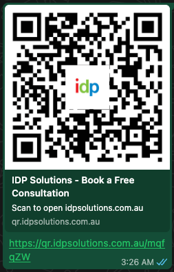 WhatsApp preview showing an IDP Solutions QR code with the title Book a Free Consultation and the link qr.idpsolutions.com.au